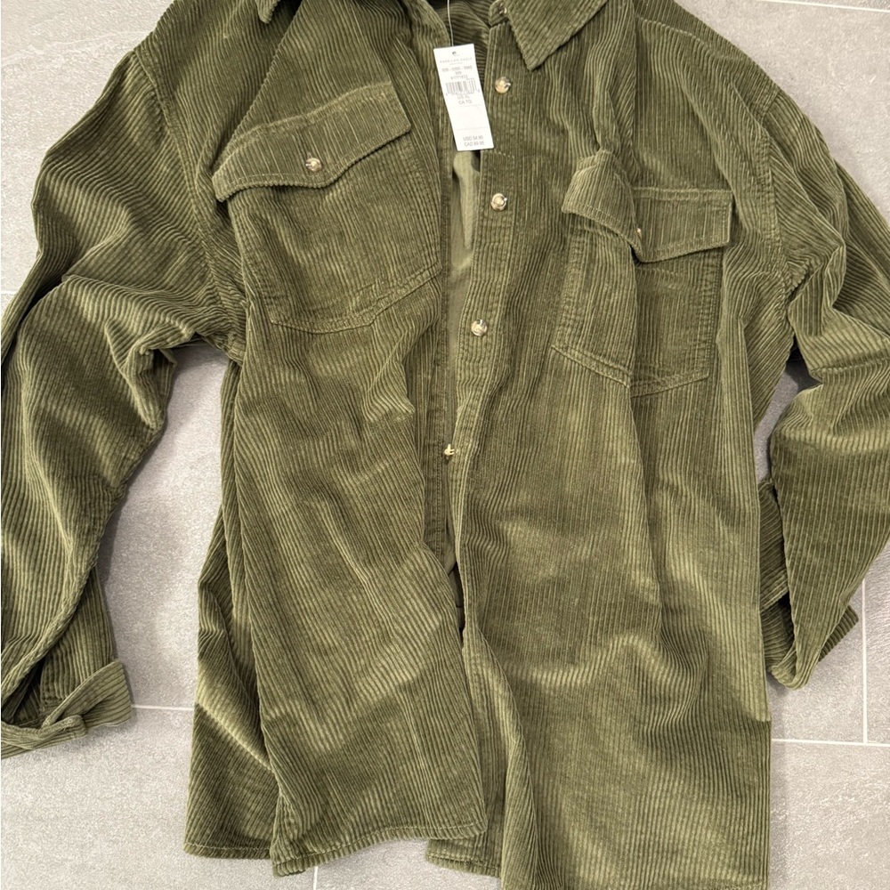 American Eagle Outfitters Green Corduroy Button-Down Shirt